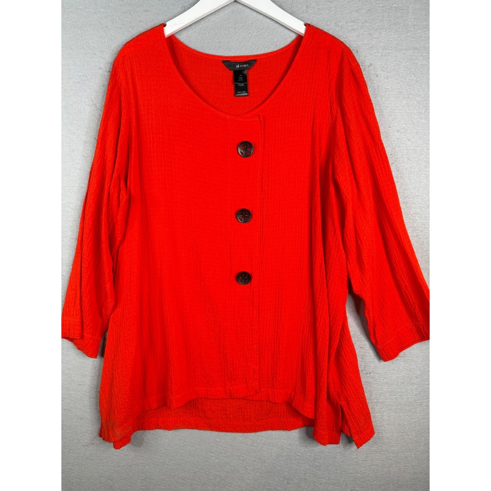 Ali Miles Blouse Womens 1X Orange Crinkle Button Accent Tunic Top Artsy Mature‎